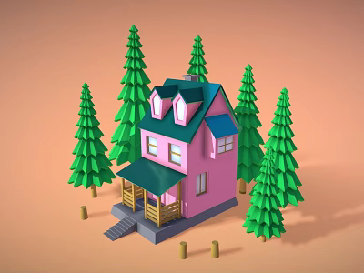 Pink House With Blue Roof And Wooden Porch Surrounded By Green Pine Trees 3d model