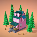 Pink House With Blue Roof And Wooden Porch Surrounded By Green Pine Trees