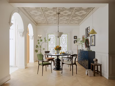 Elegant Restaurant Interior With Round Dining Table Green Chairs Pendant Light And Herringbone Floor 3d model