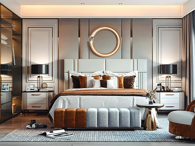 Elegant Modern Bedroom Interior With Round Mirror Headboard Nightstands Lamps Ottoman And Rug 3d model
