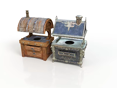Vintage Household Stoves Featuring Wooden And Decorative Metal Arched Lids 3d model