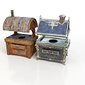 Vintage Household Stoves Featuring Wooden And Decorative Metal Arched Lids