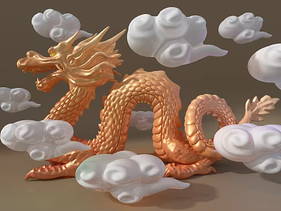 Mythical Golden Dragon Carving Sculpture With Floating White Cloud Details 3d model