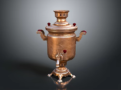 Traditional Decorative Brass Samovar With Dual Handles And Red Accents For Household Use 3d model