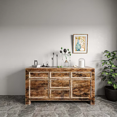 Wooden Sideboard With Black Flower Vase Candles Books Framed Art And Potted Plant 3d model