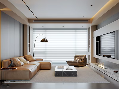 Modern Living Room Interior With Beige Leather Sofa Single Chair Coffee Table And Floor Lamp 3d model