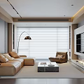 Modern Living Room Interior With Beige Leather Sofa Single Chair Coffee Table And Floor Lamp