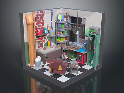 Cartoon Room Scene With Brick Wall Shelves Colorful Items Desk Computer Armchair And Checkerboard Floor 3d model