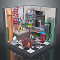 Cartoon Room Scene With Brick Wall Shelves Colorful Items Desk Computer Armchair And Checkerboard Floor