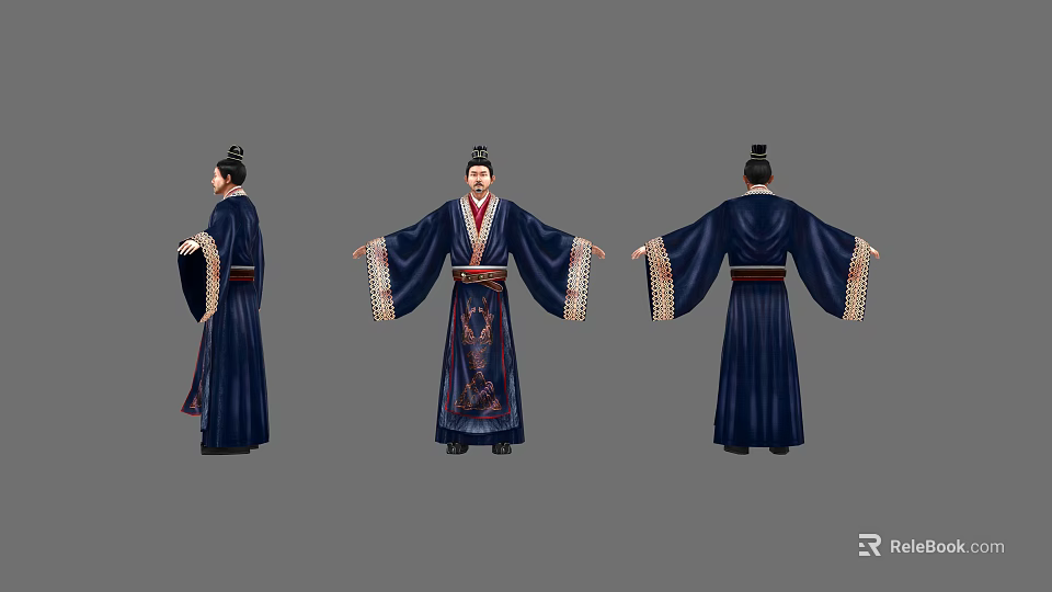 Ancient Character Traditional Costume Display Featuring Dark Blue Robe Red Lining And Ornate Hairstyle 3d model 