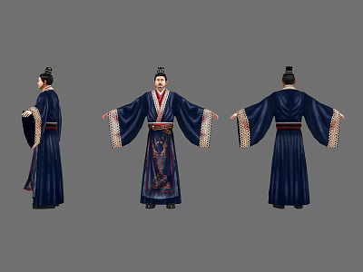Ancient Character Traditional Costume Display Featuring Dark Blue Robe Red Lining And Ornate Hairstyle 3d model
