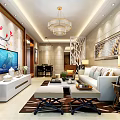 Modern Living Dining Room Interior With Chandelier Dining Table Black Chairs TV And Decorative Painting