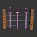Three Metal Swords Neatly Placed on a Wooden Display Rack