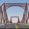 Red Steel Frame Double Arch Bridge With Yellow Roadway Lines And White Railings