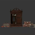 Ornate Antique Wooden Wardrobe With Open Doors Clothes Vintage Trunks And Gray Rug