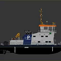 Blue White Workboat With Orange Equipment Letter P On Hull Deck Cabin Mechanical Devices