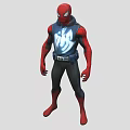 Red And Black Superhero Game Movie Character With Blue Chest Emblem And Tech Inspired Costume