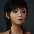Woman with Black Hair Straight Bangs Big Eyes Red Lips in Gray Background Portrait