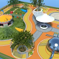 Park Landscape With Children's Playground Curved Orange Paths Sandpit Area Trees White Pavilion And Playground Equipment