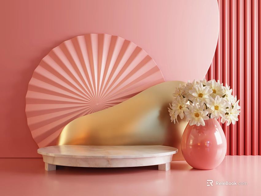Pink Display Stand With Fan Decoration Golden Curved Structure Marble Top Pink Vase White Flowers 3d model 