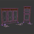 Dark Wooden Standing Paneled Furniture With Multiple Panels And Scattered Decor Items