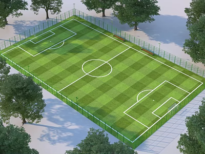 Green Grass Football Field With White Lines Fenced And Surrounded By Trees 3d model