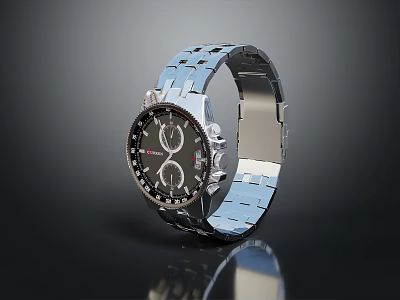 Stylish Modern Wrist Watch With Silver Metal Chain Strap And Black Dial 3d model