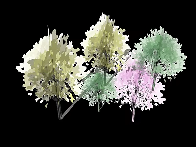 Colorful Arbor Crowns in White Green Pink Hues Against Black Background 3d model