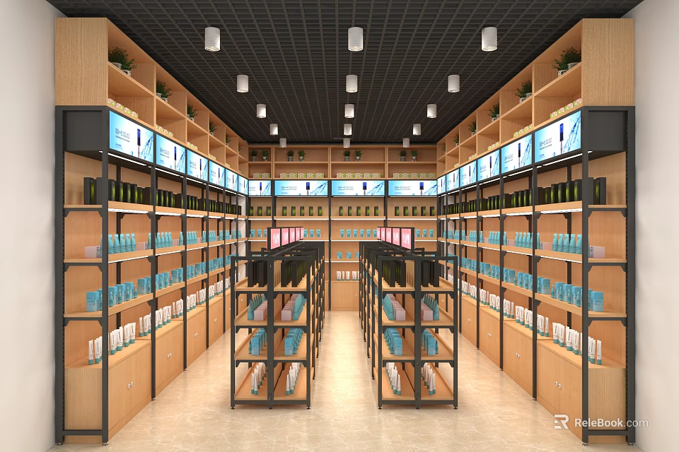 Spacious Retail Store Interior With Wooden Shelves Screens And Organized Products 3d model 