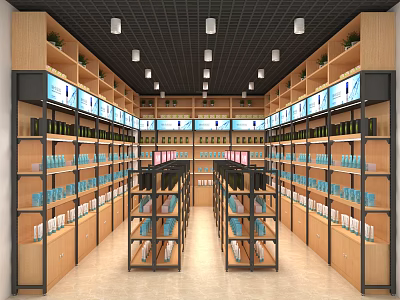 Spacious Retail Store Interior With Wooden Shelves Screens And Organized Products 3d model