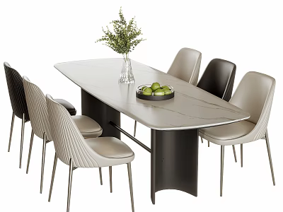 Modern Dining Table and Chairs Set with Rectangular Tabletop Striped Backrest Green Plants and Fruits 3d model