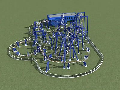 Blue Spiral Roller Coaster With Steel Track And Safety Railings On Green Ground 3d model