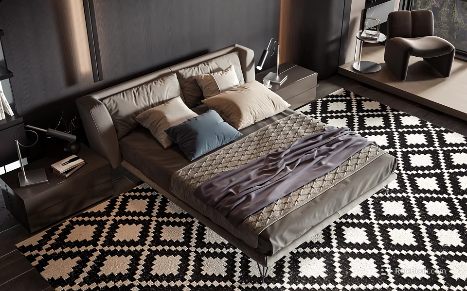 Modern Double Bed with Gray Bedding and Colorful Pillows on Black and White Geometric Rug 3d model 