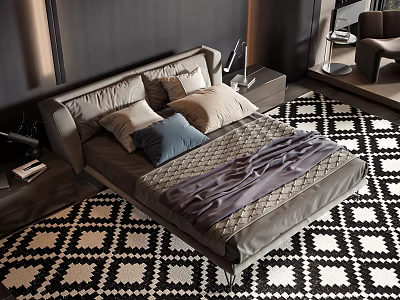 Modern Double Bed with Gray Bedding and Colorful Pillows on Black and White Geometric Rug 3d model