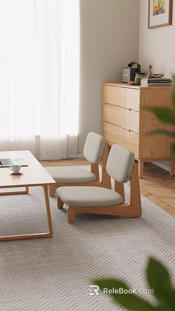 Modern Wooden Stools With Beige Cushioned Seats In Living Room With Coffee Table And Curtains 3d model 