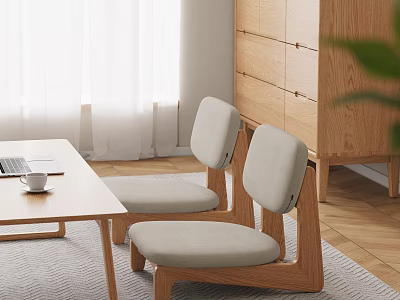 Modern Wooden Stools With Beige Cushioned Seats In Living Room With Coffee Table And Curtains 3d model