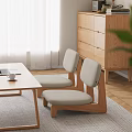 Modern Wooden Stools With Beige Cushioned Seats In Living Room With Coffee Table And Curtains