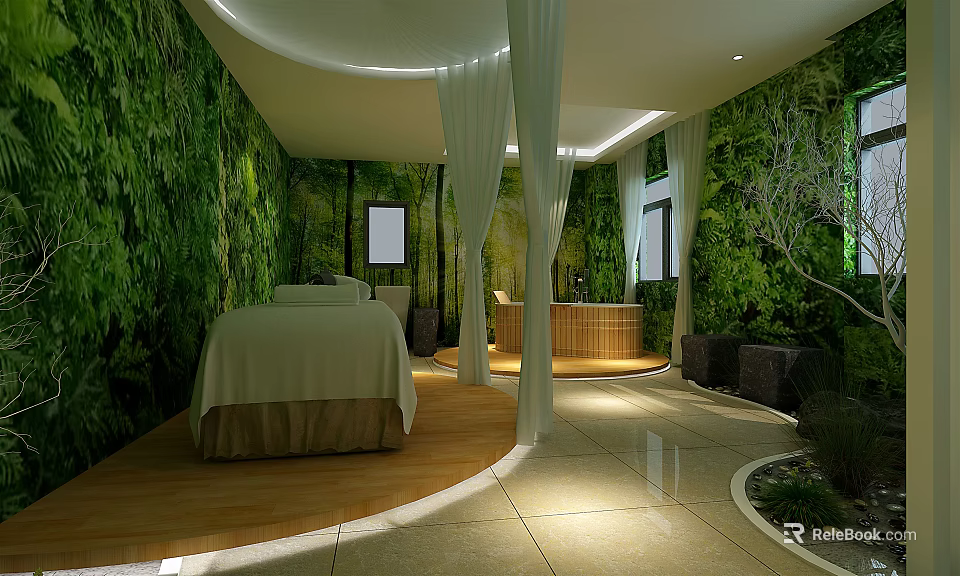 SPA Sauna Room Interior Design With Green Plant Walls White Curtains And Wooden Bathtub 3d model 