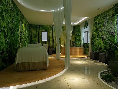 SPA Sauna Room Interior Design With Green Plant Walls White Curtains And Wooden Bathtub 3d model