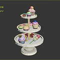 Three Tiered White Display Shelf with Assorted Desserts Including Cupcakes Ice Cream Cones and Macarons
