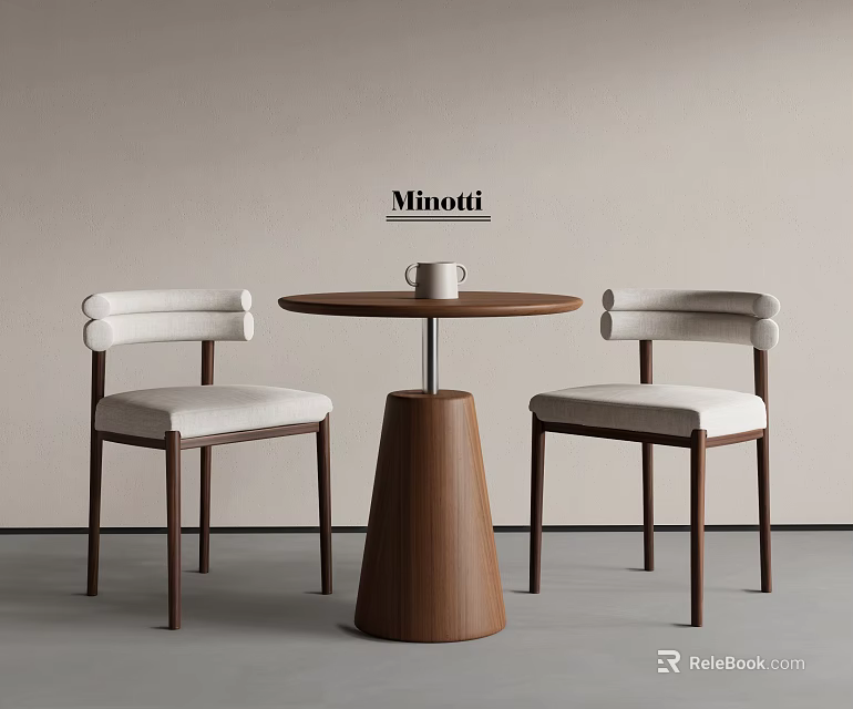 Minotti Round Table And Chairs Set With Wooden Legs And White Upholstered Seats 3d model 