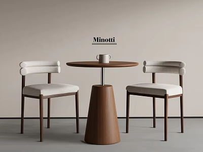 Minotti Round Table And Chairs Set With Wooden Legs And White Upholstered Seats 3d model