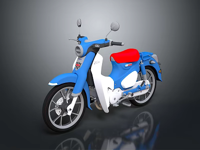 Classic Blue and White Motorcycle with Red Seat and Rearview Mirrors 3d model
