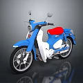 Classic Blue and White Motorcycle with Red Seat and Rearview Mirrors