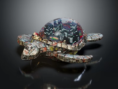 Turtle Shaped Architectural Model With Transparent Dome Containing City Buildings And Brick Like Limbs 3d model