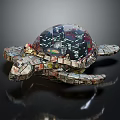 Turtle Shaped Architectural Model With Transparent Dome Containing City Buildings And Brick Like Limbs