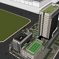 Modern High Rise Hotel Building With Glass Curtain Wall Green Roof And Low Rise Section