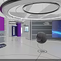 Modern Tech Inspired Exhibition Hall With Blue Screens Transparent Cabinets And Circular Lighting