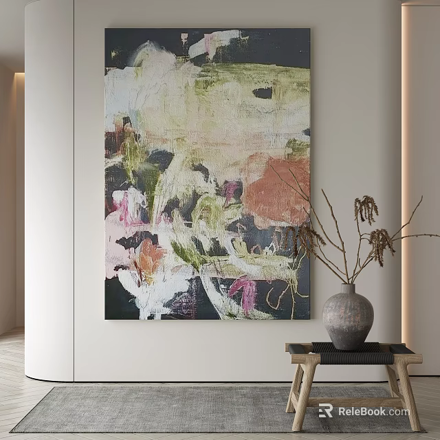 Modern Abstract Painting With Rich Color Palette And Ceramic Vase On Wooden Stool In Interior 3d model 