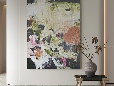 Modern Abstract Painting With Rich Color Palette And Ceramic Vase On Wooden Stool In Interior 3d model